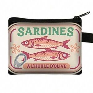 New Neutral Pink & Green Sardines Graphic Trendy Zip Top Wallet Coin Purse OS